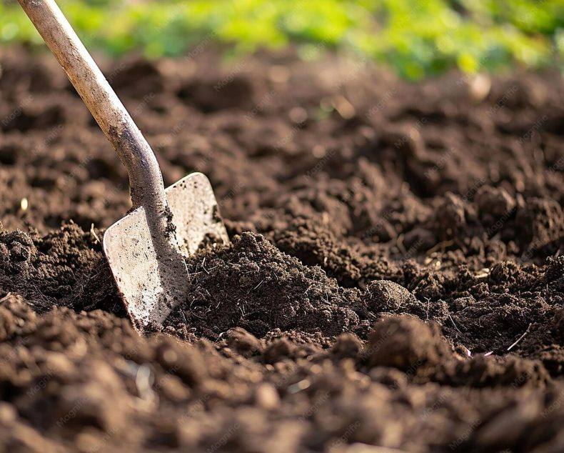 As-dug topsoil freshly turned over, with a spade standing in it
